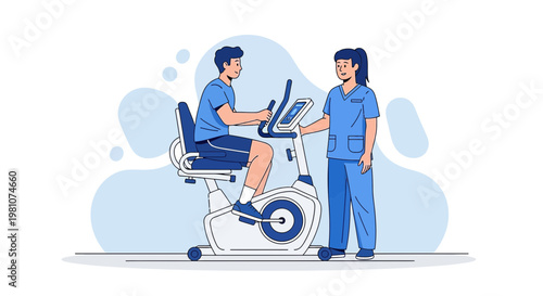 Physical therapist assisting patient on exercise bike, rehabilitation and recovery concept