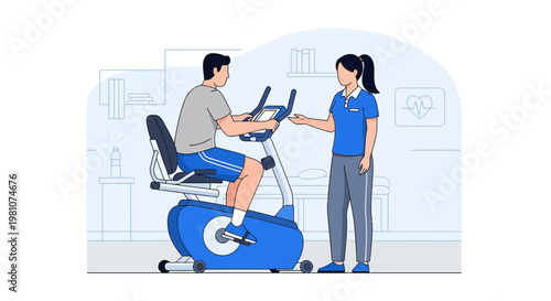 Physical therapist assisting patient on recumbent exercise bike in rehabilitation clinic