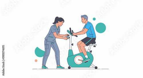 Physical therapist assisting patient on stationary bike for rehabilitation