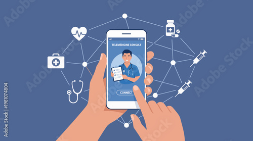 Human hands holding smartphone with male physician consultant on screen and medical icons network on blue background, concept for telemedicine technology, online healthcare and digital clinic
