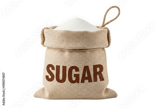 A burlap bag filled with white sugar isolated on transparent background