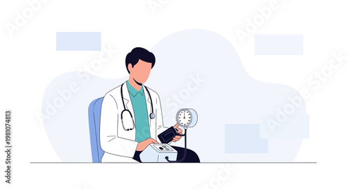 Doctor measuring blood pressure with sphygmomanometer, medical check-up illustration