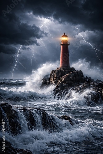 Red lighthouse standing on a dark rocky island surrounded by a turbulent ocean with crashing waves under a stormy night sky filled with bright white lightning bolts and heavy grey clouds