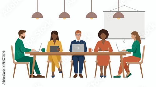 Diverse professional team of project managers collaborating on laptops at a wooden office table, concept for corporate brainstorming, professional business meeting and workplace diversity