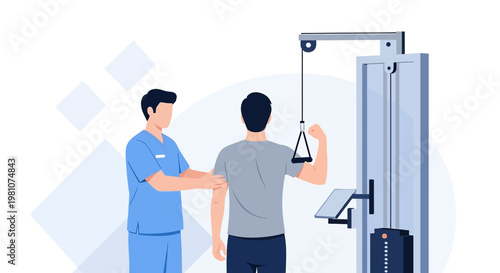 Physical therapist assisting patient with arm exercise on weight machine