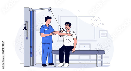 Physical therapist assisting patient with arm rehabilitation using cable machine in clinic