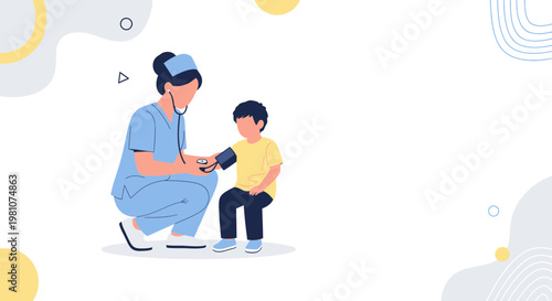 Nurse checks child's blood pressure, medical checkup, healthcare concept, flat illustration