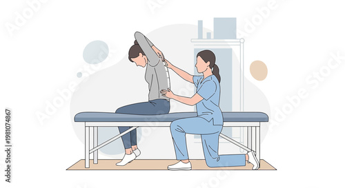 Physical therapist assisting patient with back stretch on examination table