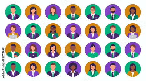 Diverse collection of professional avatars featuring business executives managers and office employees in flat vector style, concept for team directory, web interface and corporate presentation