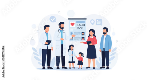 Family health plan presentation with doctors and medical chart