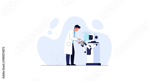 Scientist working with advanced robot and futuristic interface in laboratory