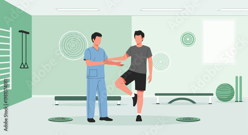 Physical therapist assisting patient with balance exercise in rehabilitation clinic