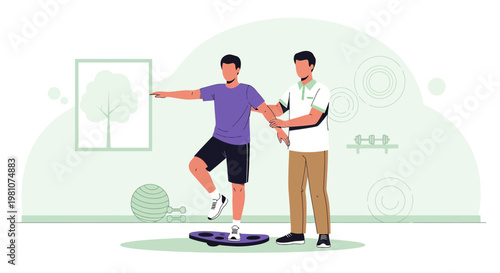 Physical therapist assisting patient with balance exercise on a wobble board