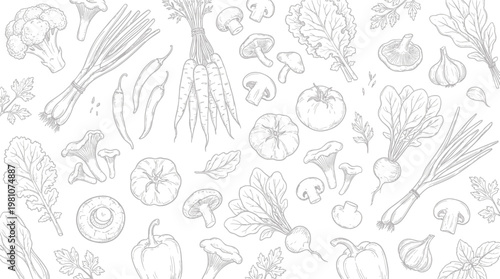 Seamless hand drawn botanical line art illustration of fresh organic vegetables and healthy garden ingredients on white, concept for recipe book cover, vegan menu and culinary branding