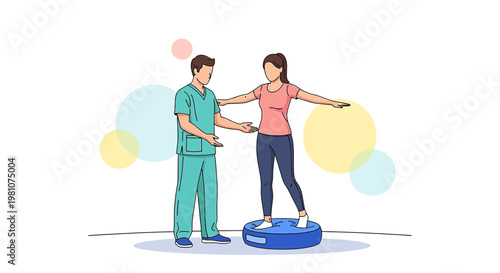 Physical therapist assisting patient with balance exercise on wobble cushion