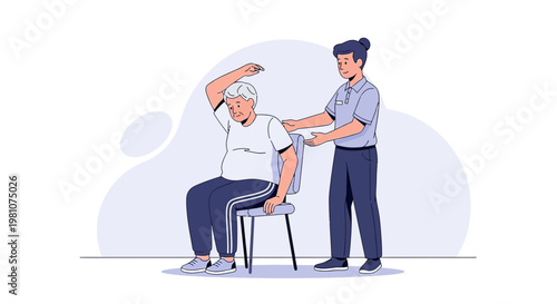 Physical therapist assisting elderly man with arm rehabilitation exercise in clinic