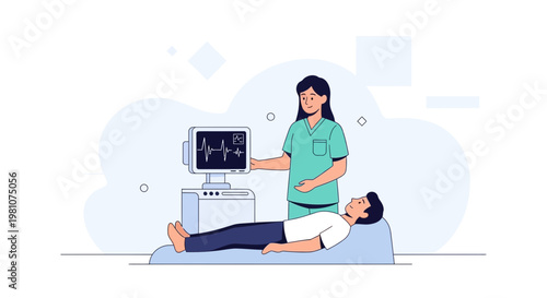 Doctor monitoring patient's heartbeat on EKG monitor in medical clinic