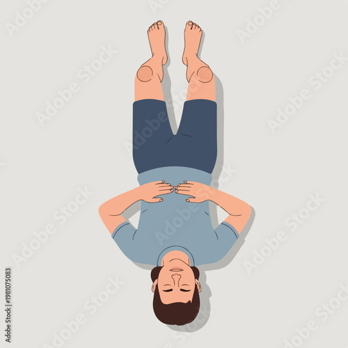 Man lying on his back with closed eyes, hands on chest, and knees bent overhead
