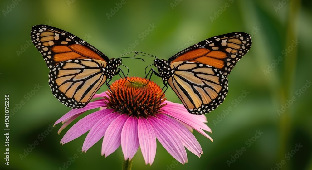 Obraz premium Monarch butterfly resting on a pink echinacea flower in a vibrant garden setting