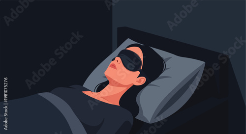 A woman wearing a sleep mask rests comfortably on a pillow in a dark bedroom set