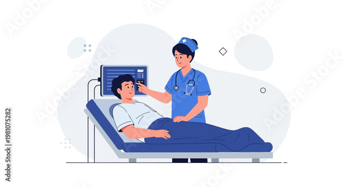 Nurse checks patient's vital signs on monitor in hospital room, medical care concept