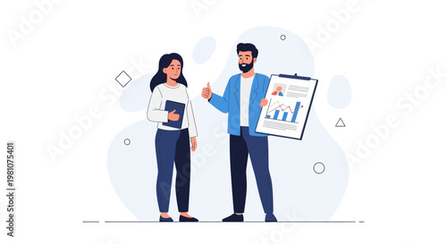 Business meeting: man shows positive financial chart to woman colleague