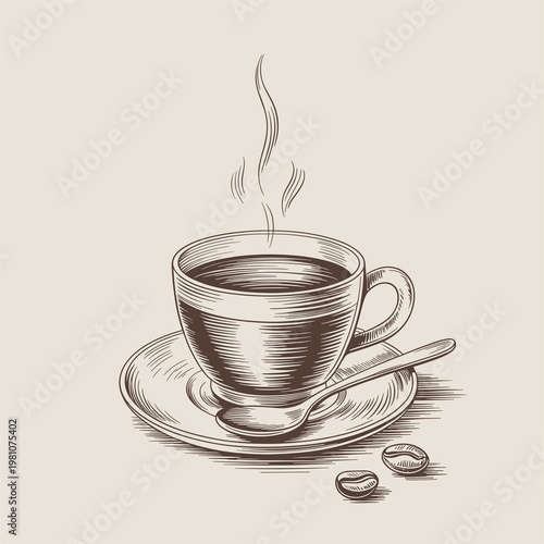 A detailed hand drawn pencil sketch of a steaming cup of coffee