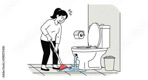 Worried woman plunges a leaking toilet as water spills on the white tiled floor