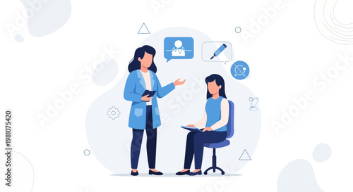 Business Meeting: Two Women Discussing Ideas with Icons in a Modern Office