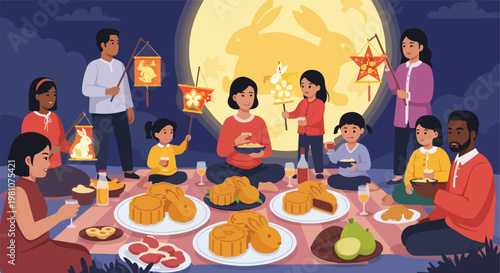 Diverse people sharing mooncakes and lanterns under a large moon at night