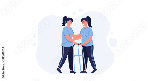 Caregiver assisting elderly person with walker, rehabilitation, support, healthy lifestyle