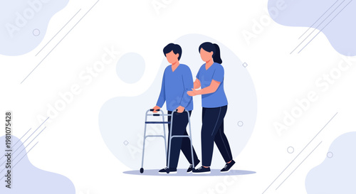 Caregiver assisting elderly person with walker, healthcare support, rehabilitation concept