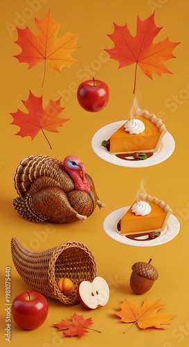 Thanksgiving collection featuring a roasted turkey pumpkin pie slices red apples maple leaves a woven cornucopia and an acorn on a solid mustard yellow background