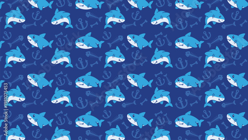 Blue sharks swim joyfully on deep navy background. White anchors and bones float among them. Pattern repeats playfully across the surface. Perfect for kids' apparel or nautical themed designs