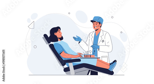 Dentist talking to patient in dental chair, modern clinic illustration