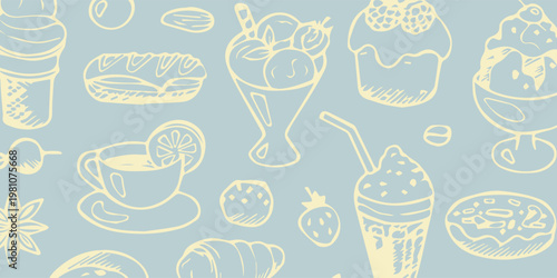 Seamless pattern of various desserts and beverages in a light blue background.