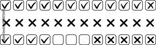 Hand Drawn Check Mark and Cross Icon Set, Sketch Style Checkbox Symbols with Tick, X, Right and Wrong Marks, Brush Marker Checklist Elements for To Do Lists, UI Design, and Approval Concepts