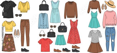 Collection of Casual and Stylish Women's Outfits, Dresses, Tops, Bags, Shoes, and Accessories for Fashion Illustration, Retail, and Online Stores