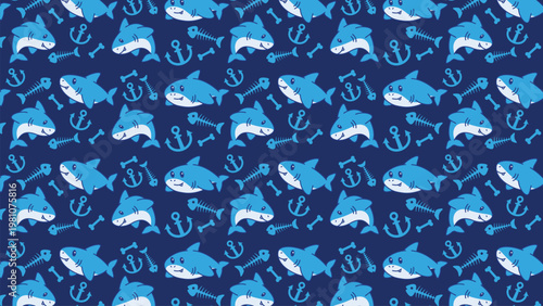 Blue sharks swim through deep ocean waves. Anchor symbols float beside each shark. Shark skeletons echo the sea's mystery. Pattern repeats seamlessly across navy background