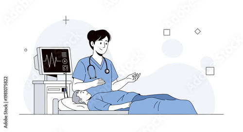 Nurse caring for patient in hospital room with vital signs monitor