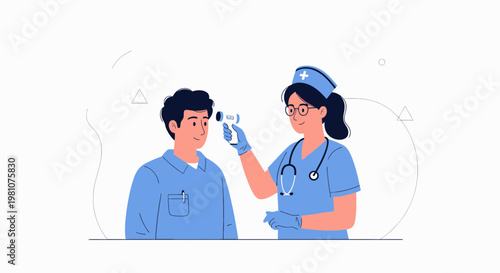 Nurse taking patient's temperature with infrared thermometer, healthcare concept