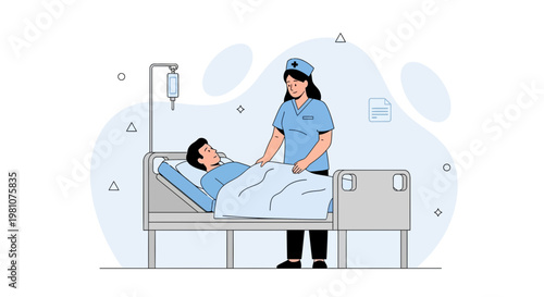 Nurse caring for patient in hospital bed with IV drip, medical illustration
