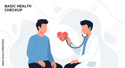 Doctor examining patient with stethoscope, heart health checkup illustration