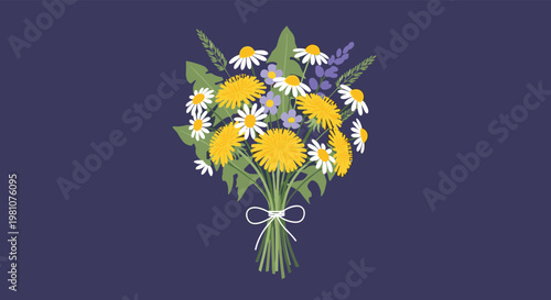 Beautiful floral bouquet of yellow dandelions, white daisies, and purple lavender tied with a string on a dark blue background.