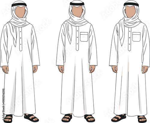 Arab man traditional clothing vector set with white thobe headscarf and standing male character illustration collection