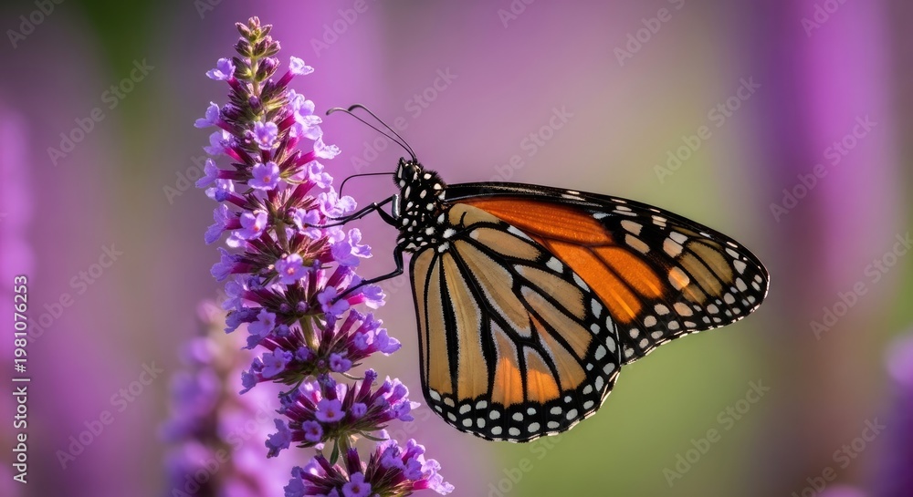 Obraz premium Monarch butterfly resting on vibrant purple flowers a stunning display of nature's beauty