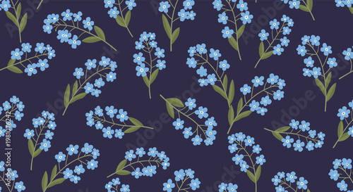 Elegant seamless pattern of light blue forget-me-not flower clusters with small green leaves scattered on a dark navy blue background.