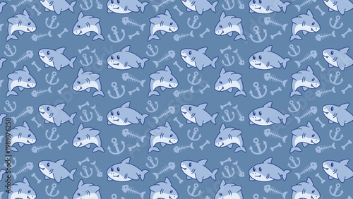 Cute sharks swim with anchors and bones on blue sea background. Cartoon animals look friendly, playful, and cheerful. Pattern repeats evenly with soft ocean tones. Perfect for children's books