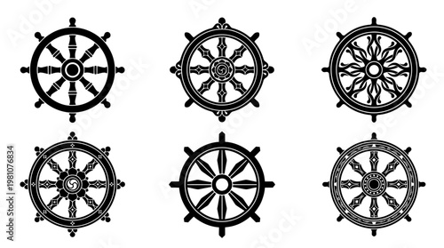 dharma wheel silhouette vector set