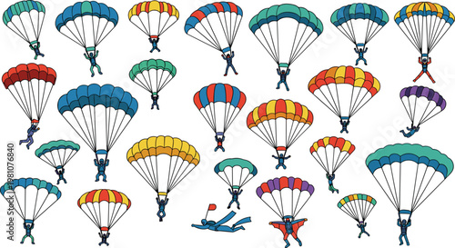 Large Collection of Skydiver and Parachutist Vector Characters Featuring Colorful Parachutes in Various Flight Poses for Extreme Sports and Adventure Themed Graphic Designs